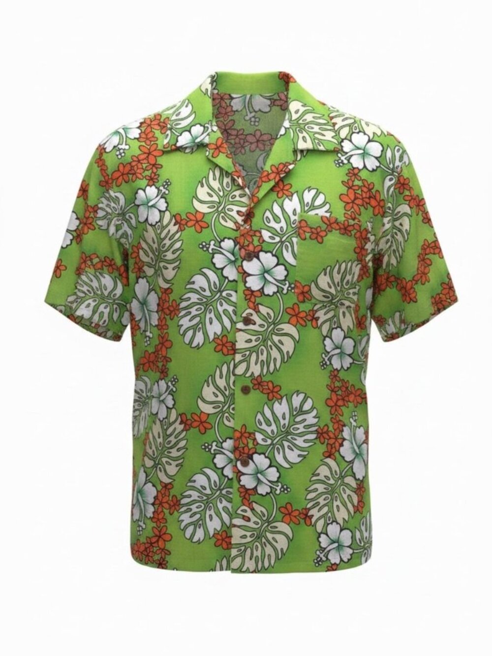 Vintage Thai Green Hawaiian Floral Casual Short Sleeve Shirt Size Large
